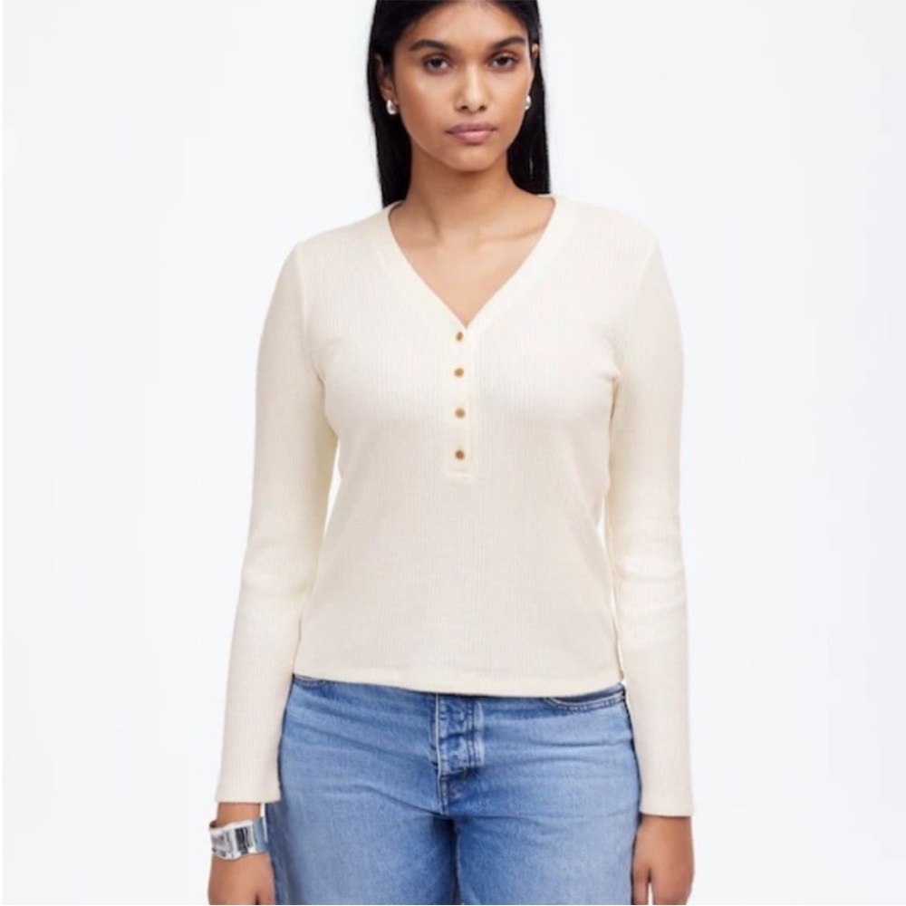 Women's Cream Ribbed Henley Long Sleeve Top